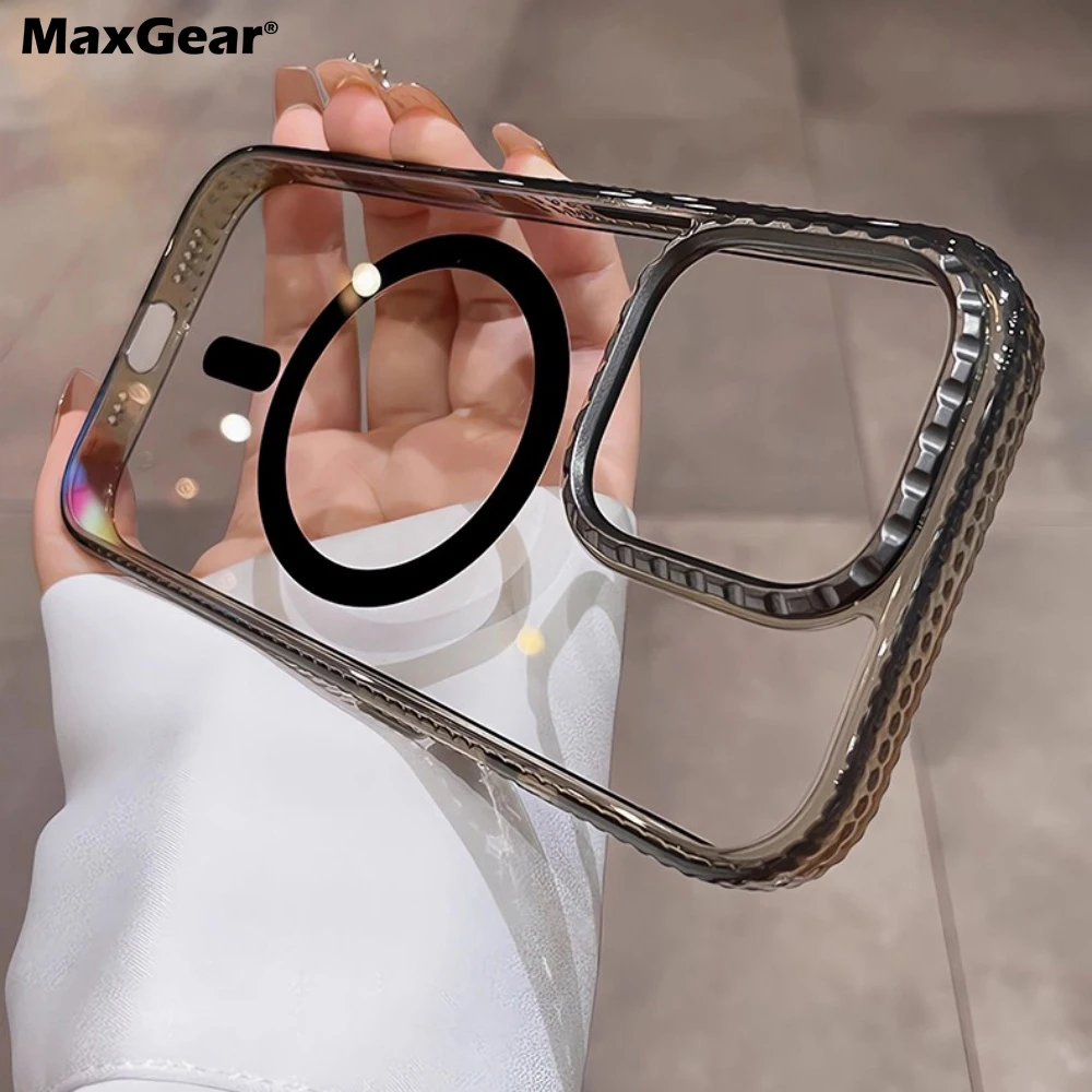 HD Clear für Magsafe Wireless Charge Hülle für iPhone 16 15 16 Pro 15 Pro Max Luxus Metal Gear magnetische Hartplastikabdeckung