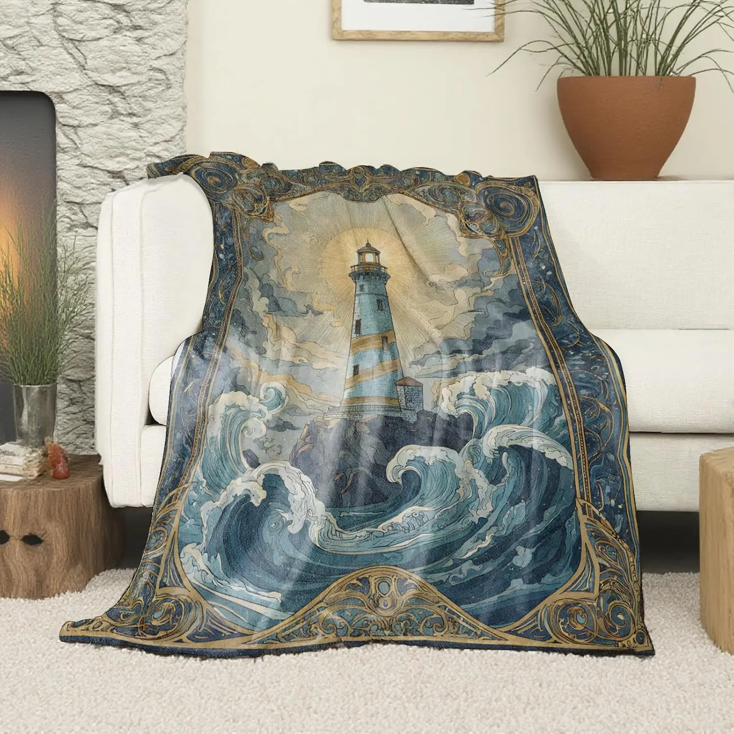 Art Nouveau Sea Lighthouse Flannel Blanket Stormy Waves Ornate Golden Border Print Cozy Throw Blanket for Bed Couch Use