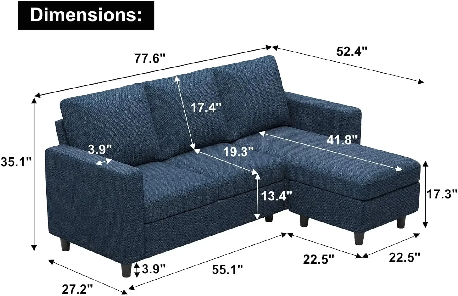 Belffin Convertible Sectional Sofa, L Shaped Modern Couch, Small Couch With Reversible Chaise For Living Room And Small Space,