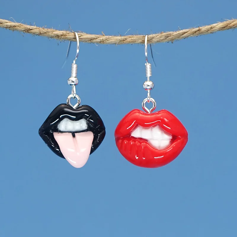 Gothic Witch Black Red Lips Dangle Earrings For Women Girls Creative Acylic Asymmetric Earrings Jewelry
