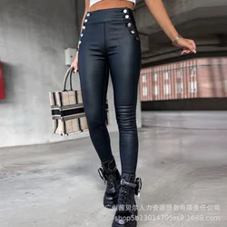 Women Leather Pants New Black Metal Buckle Decoration High Waist Slim Pocket Fashion Temperament Casual Spring And Summer Pants