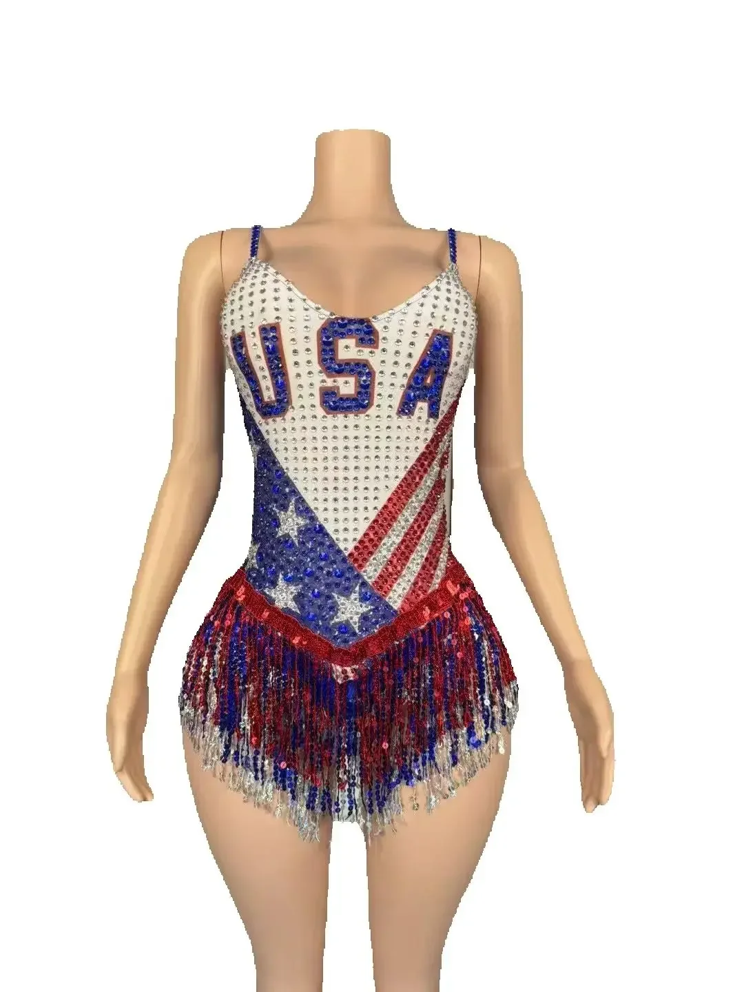 반짝 이는 라인 석 Tassel Bodysuit 여성 섹시한 무대 공연 댄스 복장 크리스마스 축제 생일 파티 클럽 의상