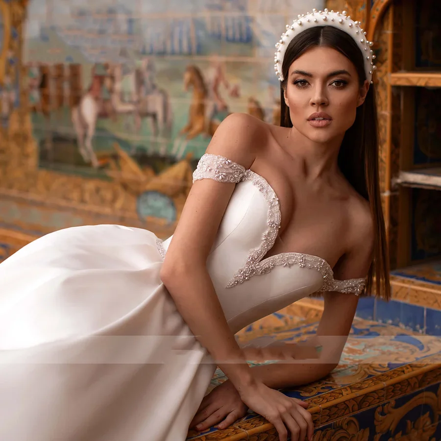 Flavinke مخصص sixy a-Ling فساتين الزفاف الحبيب قبالة الكتف الدانتيل يصل ذيل شابيل زي العرائس Vestido De Noiva