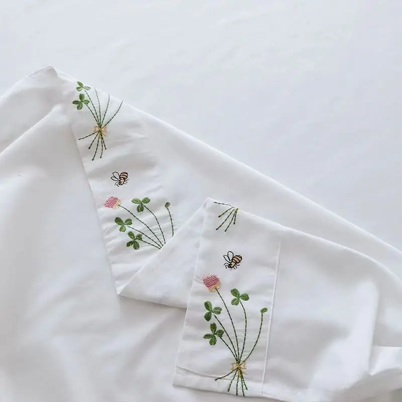 Pure White Bedding Sheet Floral Embroidery Flat Sheets 100% Cotton Bedding Luxury Bedspread Home Textiles Queen King Size