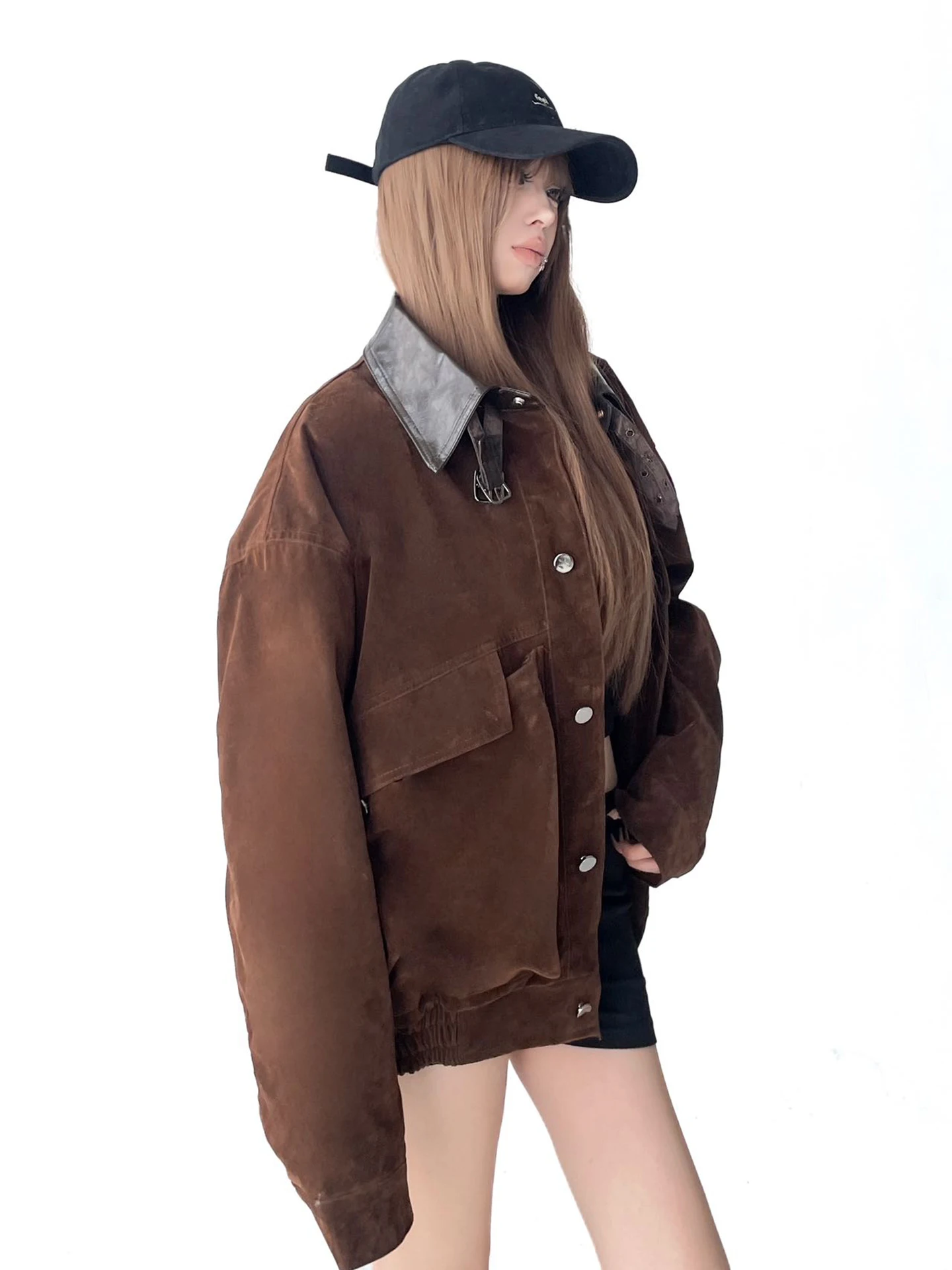 Retro American Suede Workwear Collar Jaet Winter Thiened ort Coat Couple Matching Faux Fur Outerwear Polyester Blend