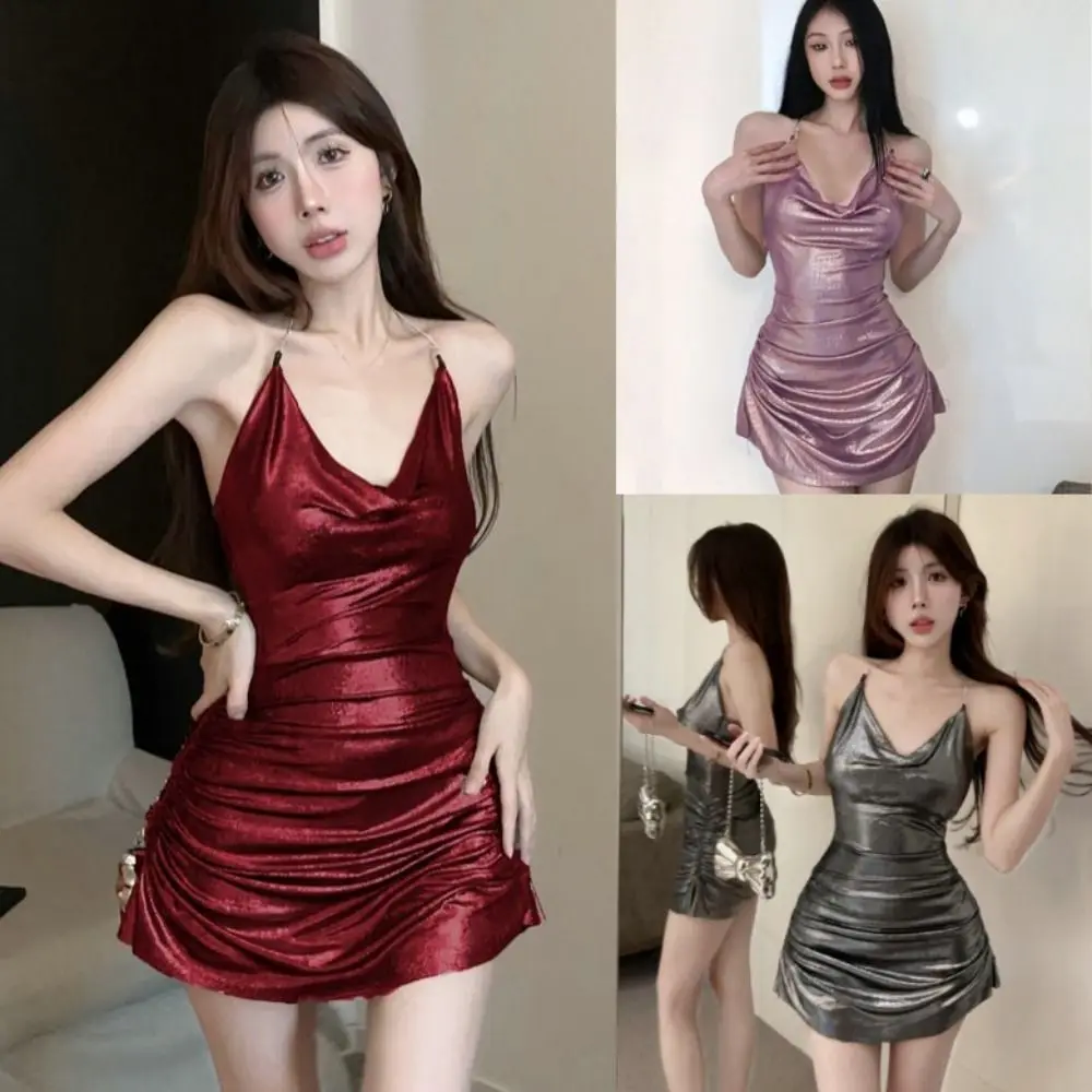 

Elegant Pleated Hip Hugging Skirt Backless Shiny Sleeveless Suspender Dress Thin Sleepwear Slim Sling Dress Women