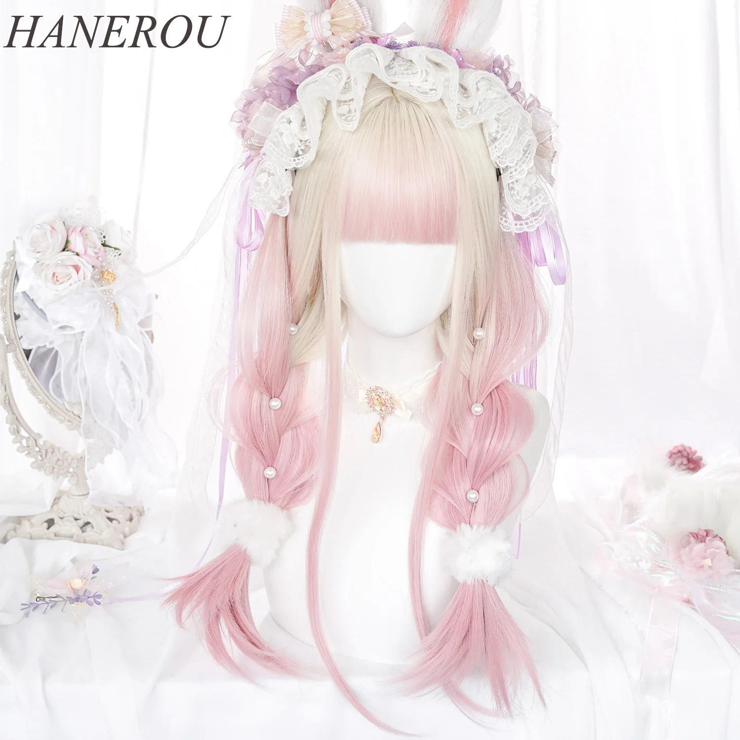 HANEROU Women Synthetic Lolita Wigs With Bangs Ombre Two Tone Beige Blonde Pink Long Straight Wig For Cosplay