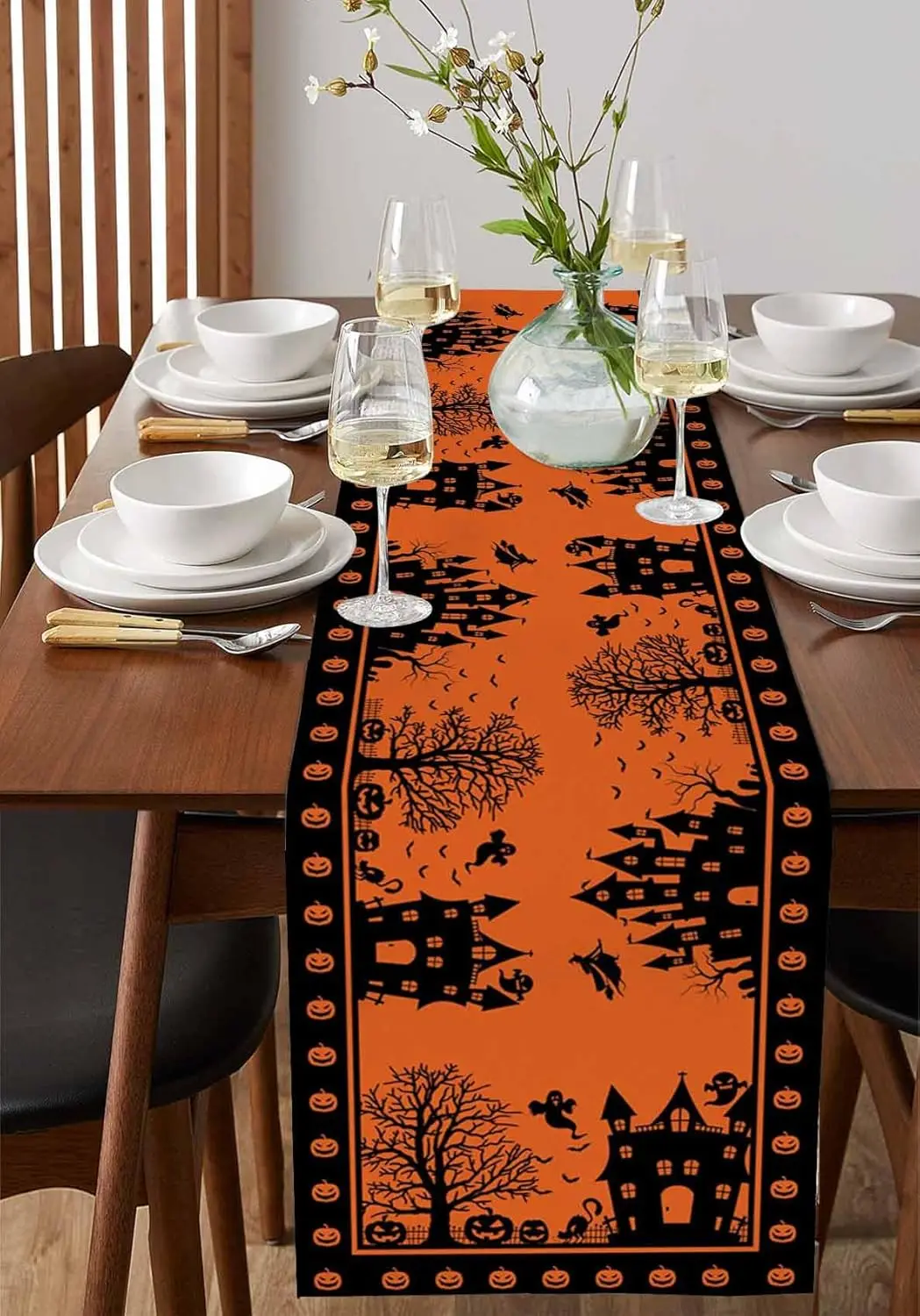 Halloween Witch Castle Linen Table Runner Holiday Party Decor Reusable Kitchen Dining Table Runner Halloween Decorations