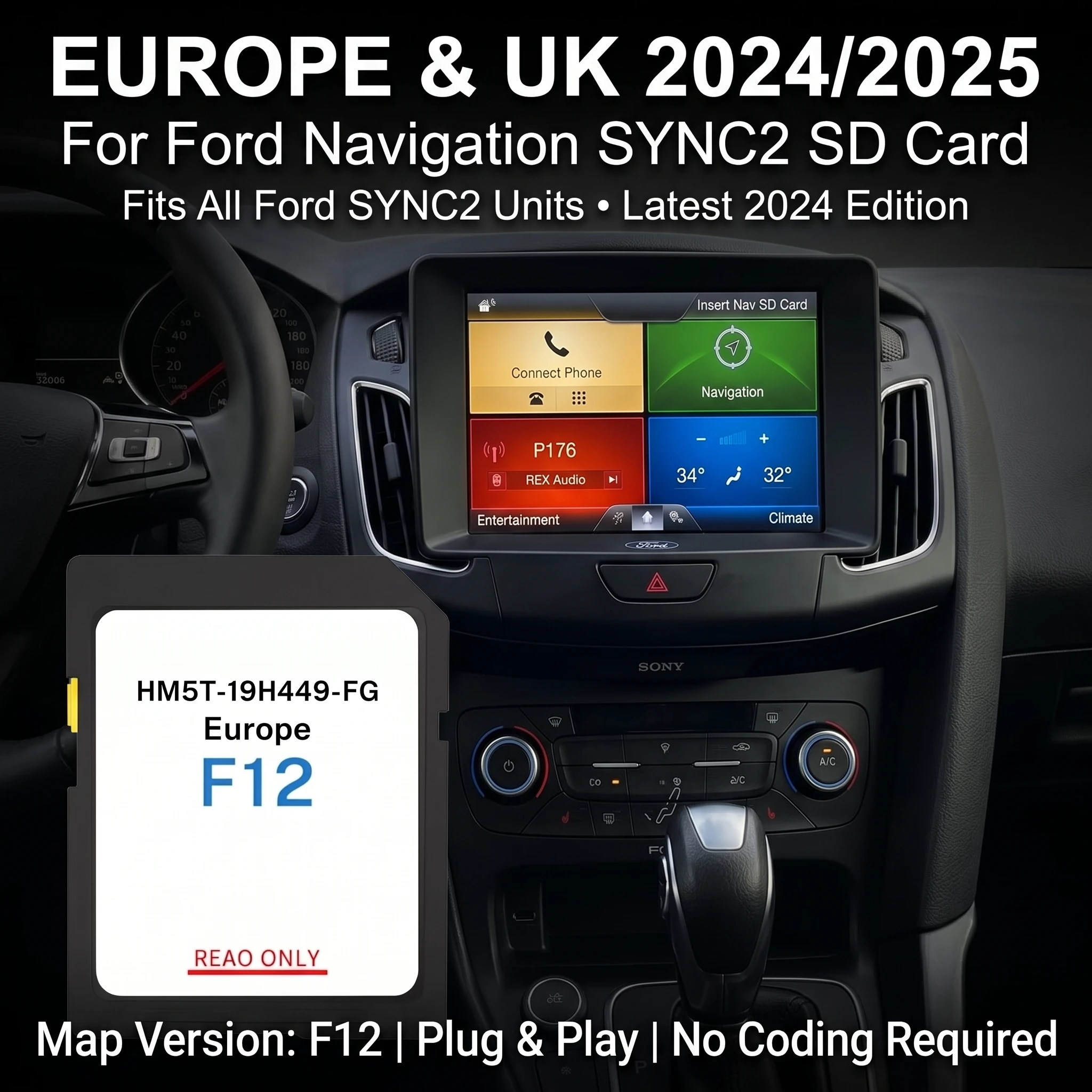Offline Navigation Europe GPS Map SD Card HM5T-19H449-FG, No Internet Needed, Compatible with Ford SYNC2 Focus Mondeo Kuga F150