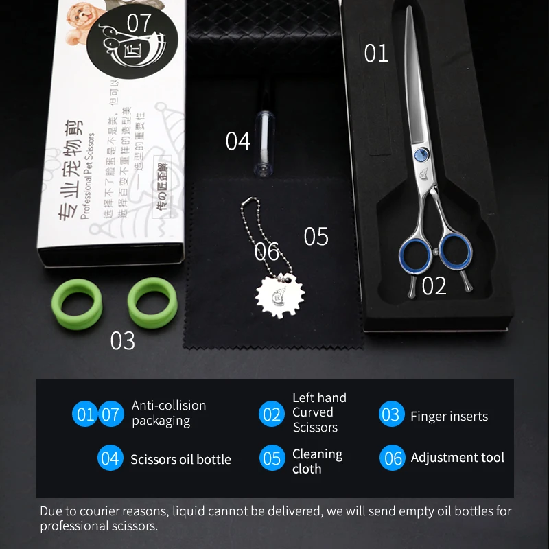 Crane High-end 7.0/7.5 Inch Left Hand Curved Scissors Pet Dog Grooming Curved Shears VG10 Stainless Steel Pink/Blue/Purple Color