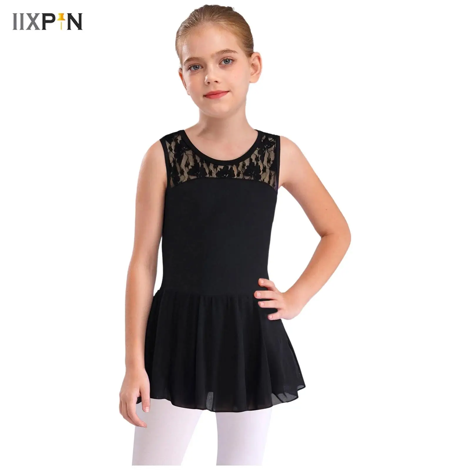

Kids Girls Ballet Dance Dress Sleeveless V-Back Floral Lace Patchwork Dance Leotard Dress Ballroom Practice Performance Costume