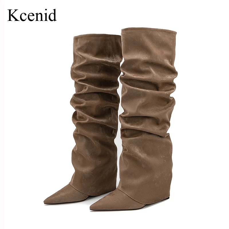 

Kcenid Women Pleats Thigh High Boots Autumn Winter New Wedge Heeled Pointed Toe Boots Woman Slip On Western Long Boots Size 45