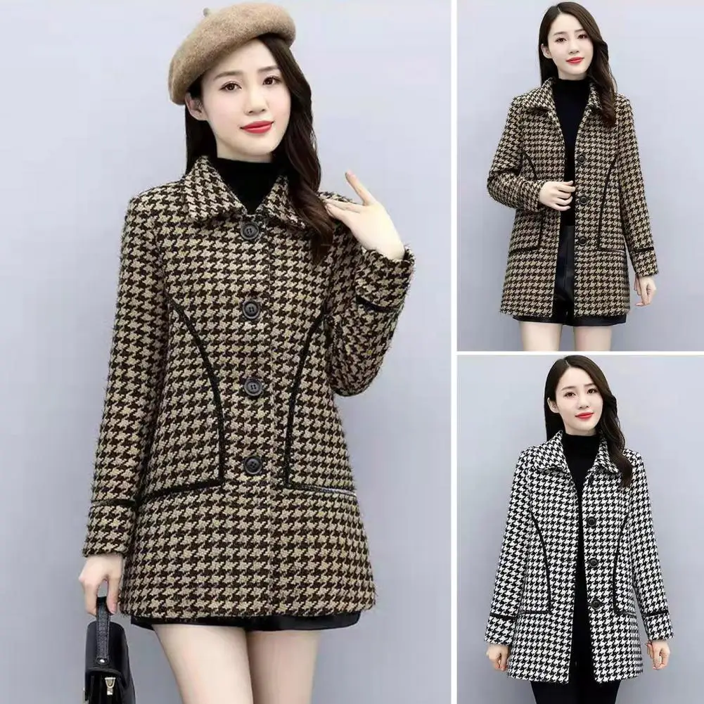 Women Loose Overcoat Elegant Herringbone Print Women's Winter Coat with Turn-down Collar Pockets Thick Warm Mid Length for Fall