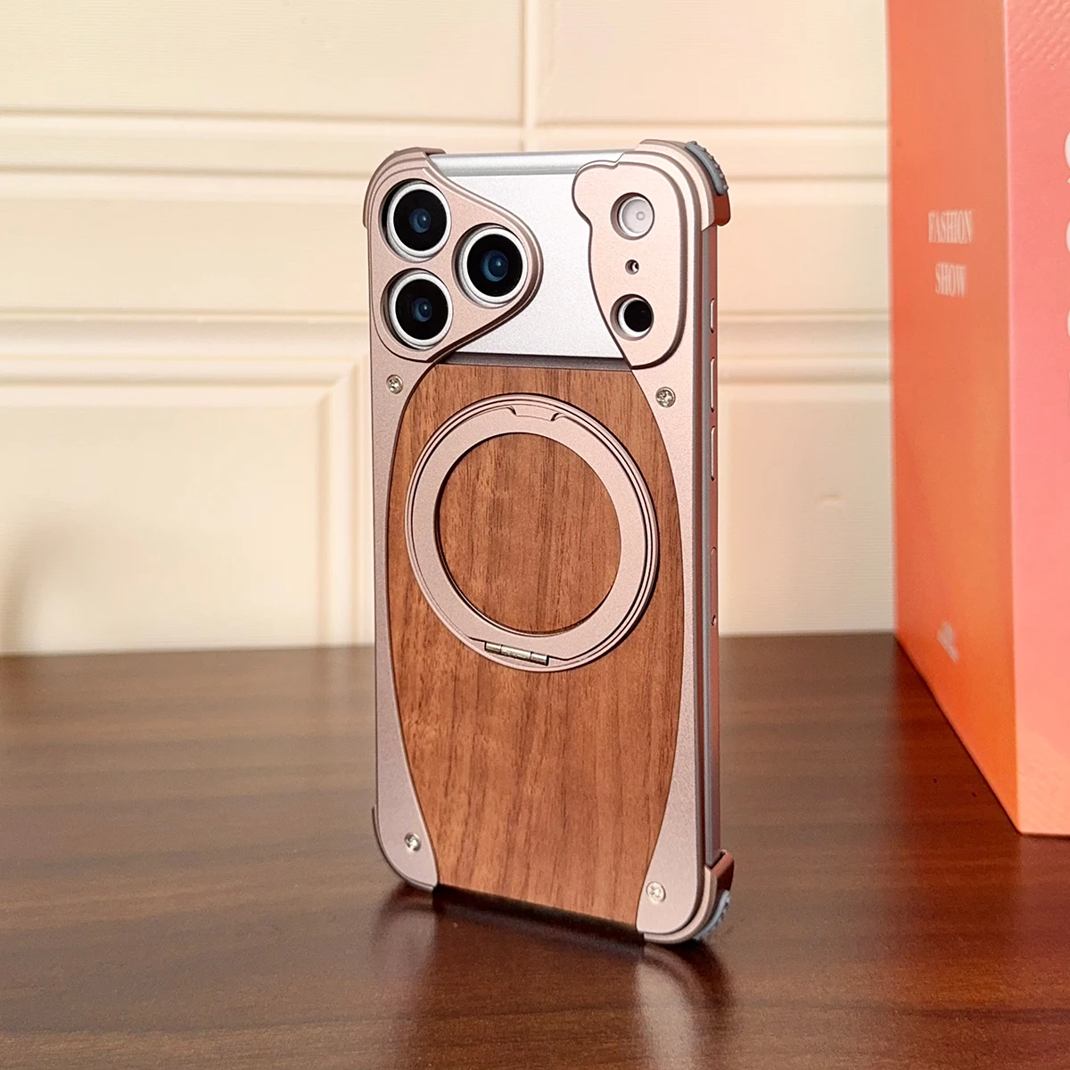 Aluminum Magnetic Wooden Case for iPhone 18 17 Pro Max 18 17 Pro Cover Walnut Real Wood Mag-safe Free Rotation Stand Shell