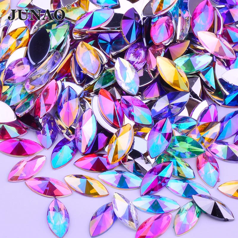 JUNAO 5*10mm 7*15mm Mixed Color AB Horse Eye Rhinestones Flat Back Acrylic Gems Crystal Stickers Non Hotfix Scrapbook Strass