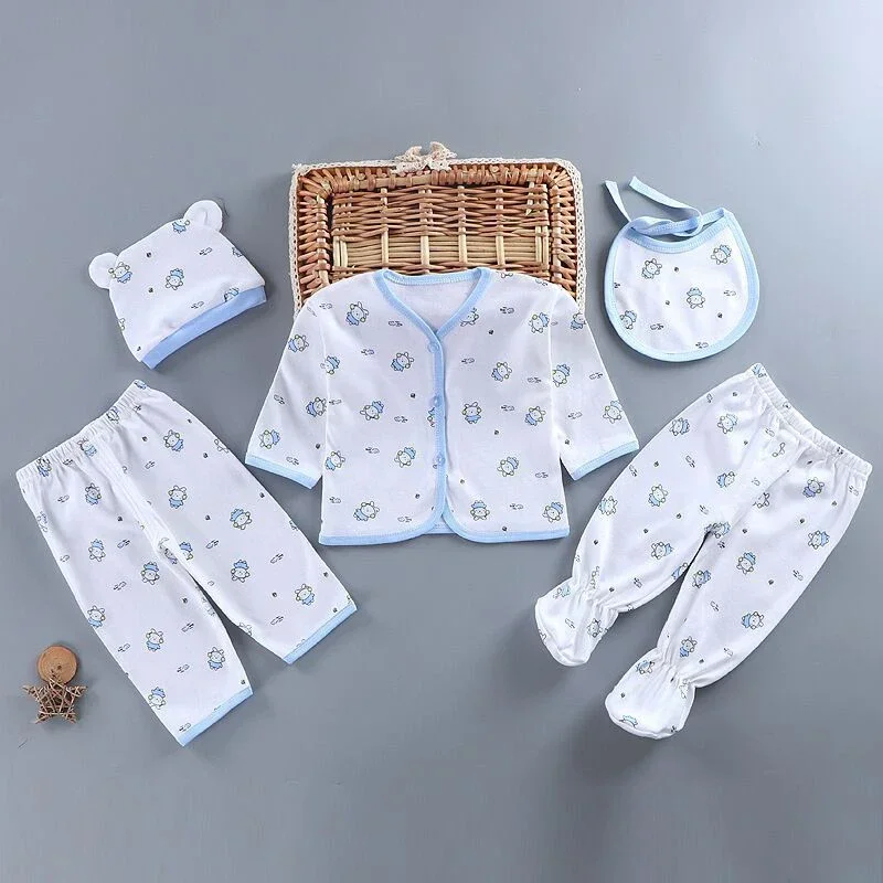 

5Pcs/Set Newborn Baby Clothes Set Cotton Soft Children Underwear Infant Boy Outfit Top+2Pant+Bib+Hat Toddler Girl Suit A1156