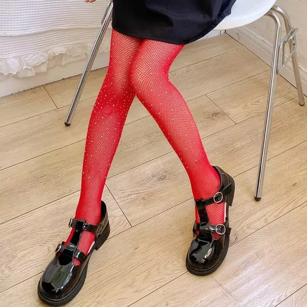 Stretchy Fabric Rhinestone Fishnet Stockings Hollow Lace Design Glitter Shimmer Finish Kids Sparkle Tights Mesh Weave