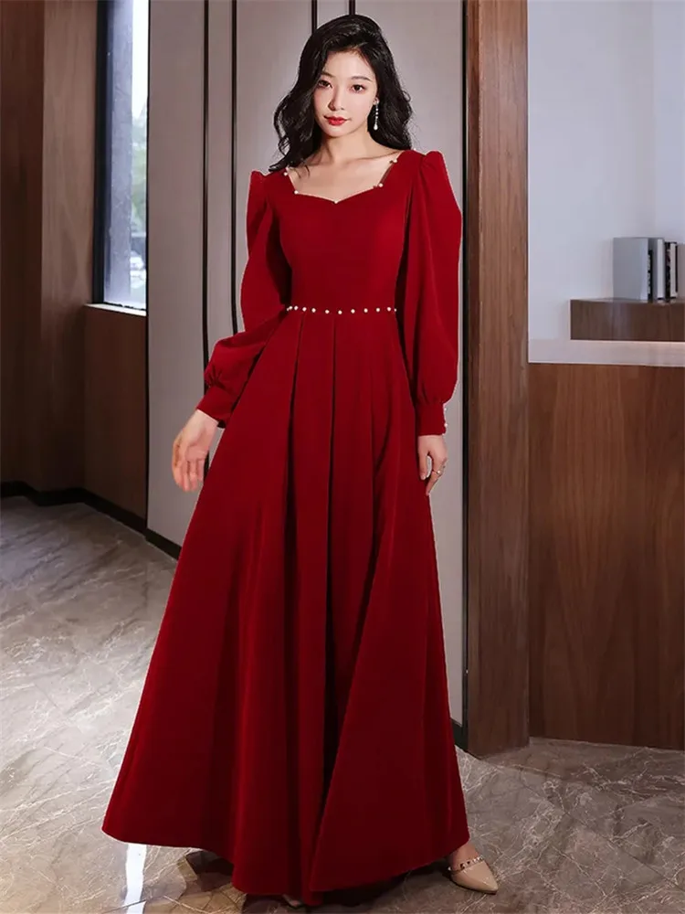 Black Velvet Dress Female Autumn Winter New Solid Color Beaded Square Neck Long A-line Skirt Fashion Women\'s Clothing M166