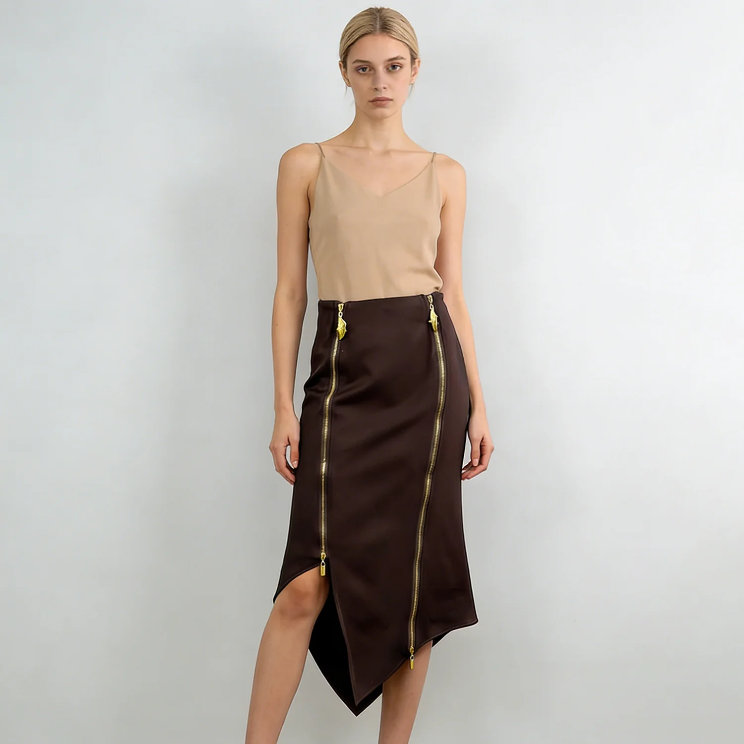 

Элегантная облегающая юбка LIMO с высокой талией, асимметричным подолом и двойными золотыми молниями, универсальная женская юбка миди