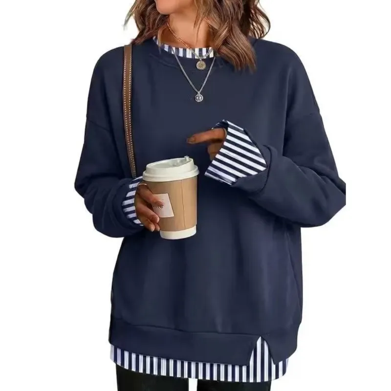 Women's Oversized T-Shirt Crewneck Sweatshirt For Women Faux-Layer Fake Two Piece Patchwork Pullover Side Slit Top Autumn Hoodie