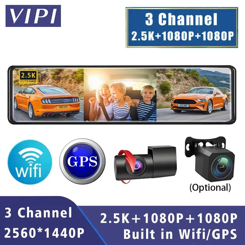 

11.26" 3 Channel 2.5K+1080P+1080P Dash Cam GPS WIFI Interior Car Dvr Mirror Camera Drive Recorder Dashcam IPS Stream Rear View