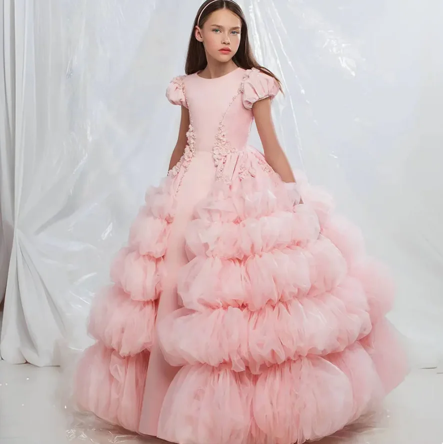 

Pink Tiered Girls Ball Gown Princess Wedding Flower Girl Dress O Neck Beaded Pearls Girls Party Prom Pageant Dresses