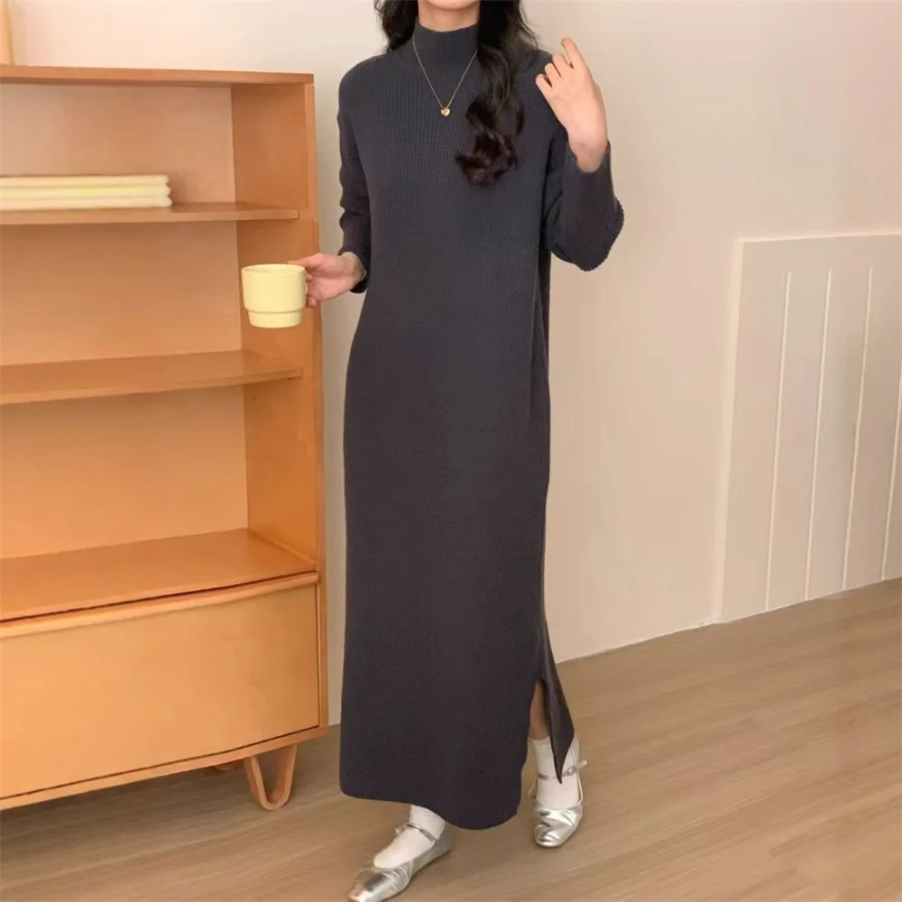 Estilo coreano cor sólida versátil meia gola alta vestido de malha para mulheres inverno solto ajuste camada interna vestido camisola quente