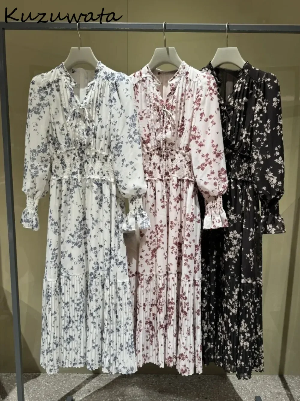 Kuzuwata French Sweet Minority Feminine Harajuku Print Dress Lace Up Slim Waist Chiffon Robe Japan Elegant Commuter New Vestidos