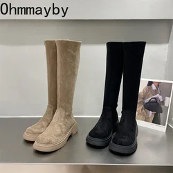 Zimowe ciepłe bawełniane damskie rozciągliwe buty do kolan modne wsuwane Vintage kwadratowe obcasy damskie zwięzłe długie Botas De Mujer