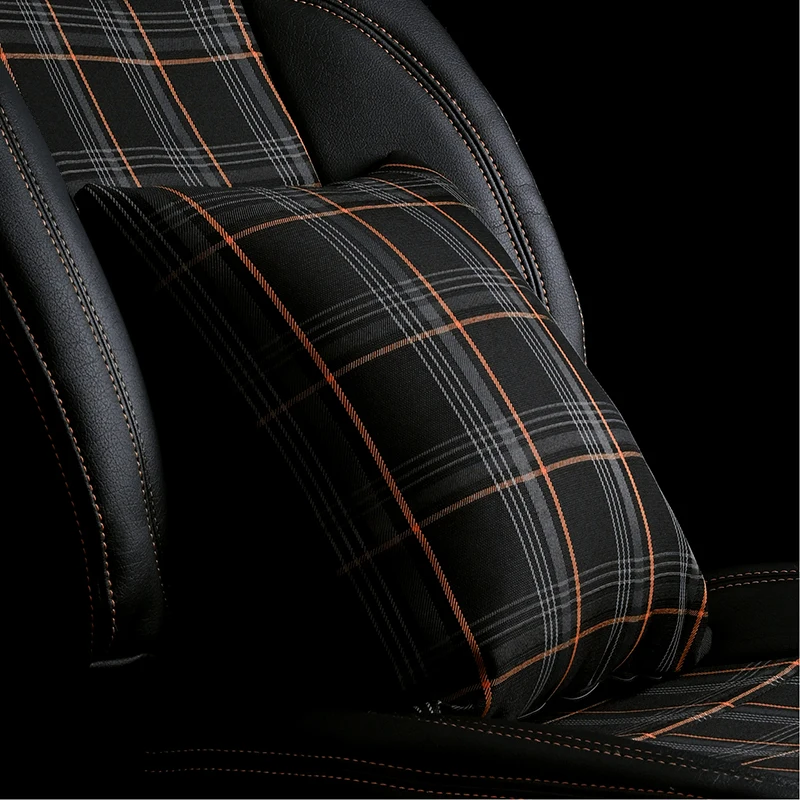 Car Seat Supports Headrest Neck Rest Waist Pillow Interior Accessories with VW MK7 GTD GTE GTI Orange Tartan Fabric