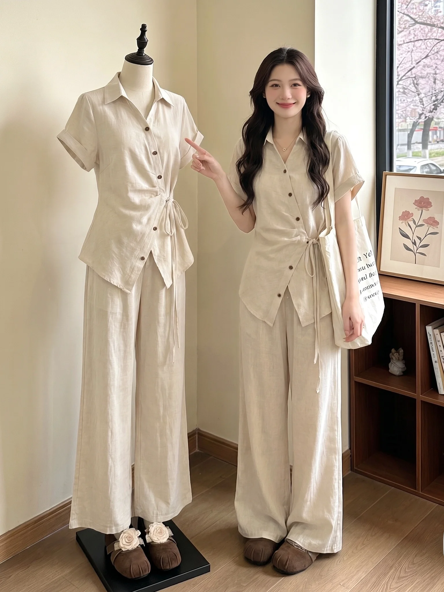 plus Size Women's Summer Fashion Set Cotton Linen Waist Cinched Shirt Wide Leg Pants Two Piece Suite Old Money Style