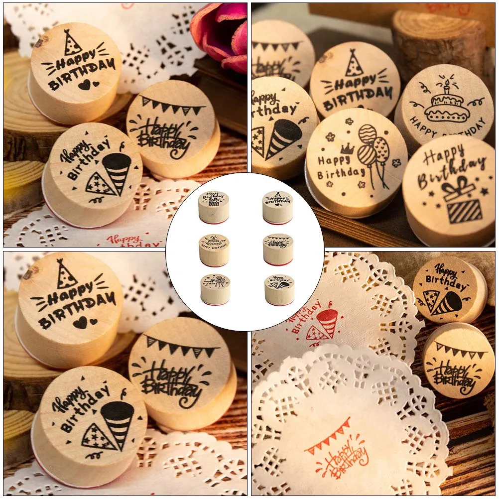 

6Pcs Creative Party Stamps Wooden Round Seals for DIY Scrapbook Craft Projects Happy Birthday Decorative Journal Seal