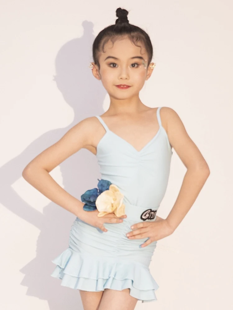 

2024 Summer Latin Dance Costume Girls Sleeveless Practice Performance Cuit Flower Blue Dress Cha Cha Rumba Dance Wear DNV20243