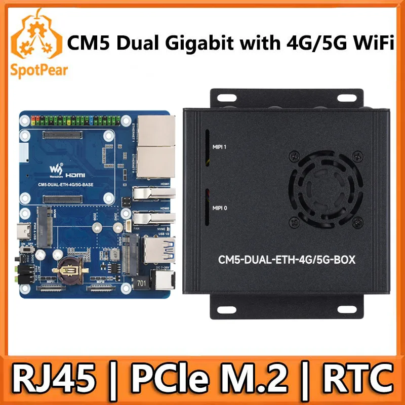 

Raspberry Pi CM5 4G/5G Dual Ethernet Port ETH Gigabit/2.5G Expansion Board with RJ45 IO Base and GPIO