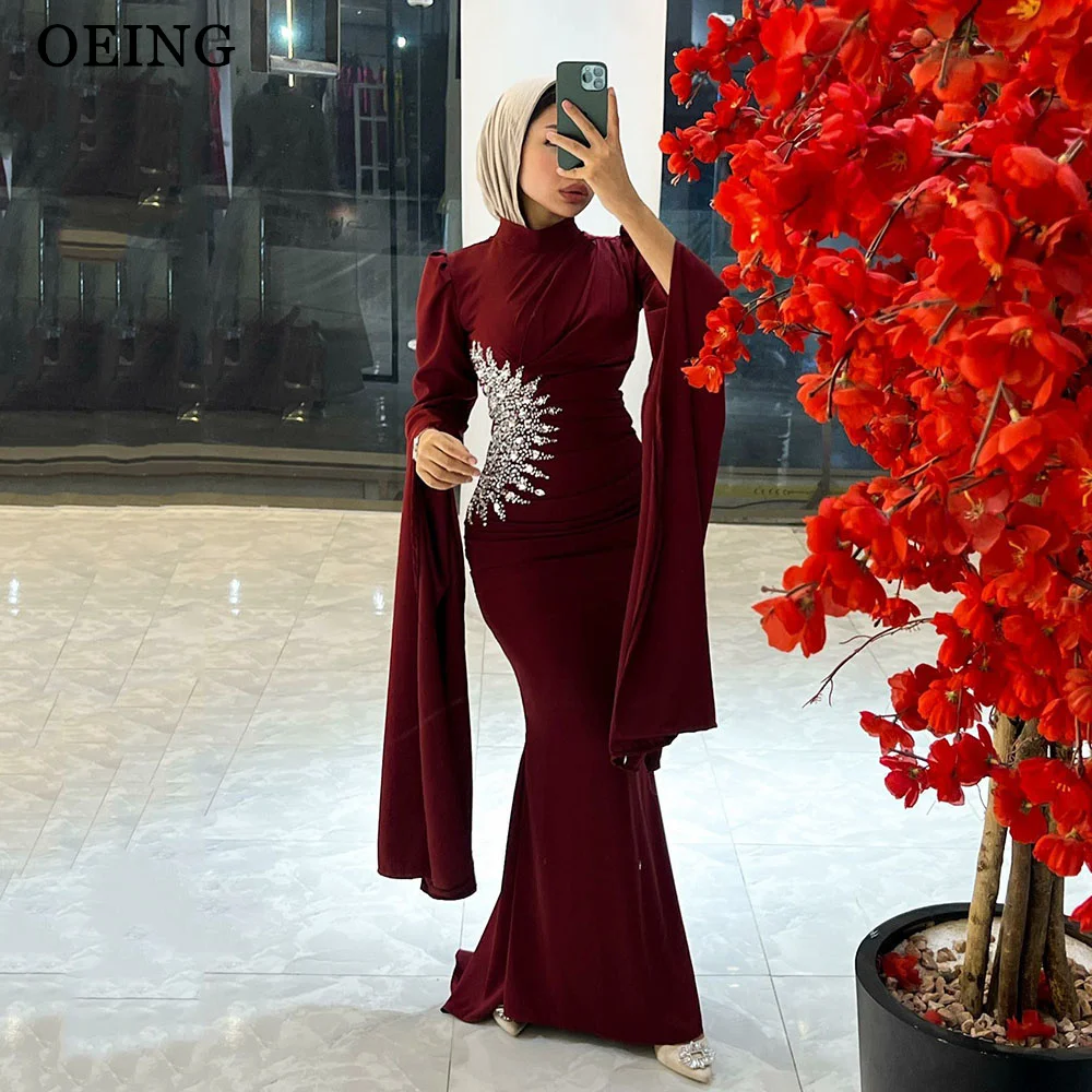 OEING Simple Muslim Arabic Women Mermaid Evening Dresses High Neck Long Sleeves Pleated Saudi Formal Prom Gowns With Cape