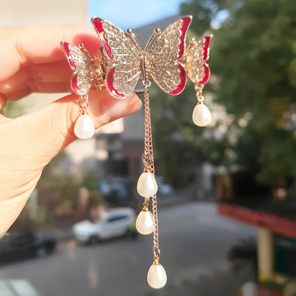 1pc Butterfly Hair Clips - Stunning Pendant Hair Clip with Tassel and Faux Pearl, Elegant Rhinestone Decor Ponytail Clip