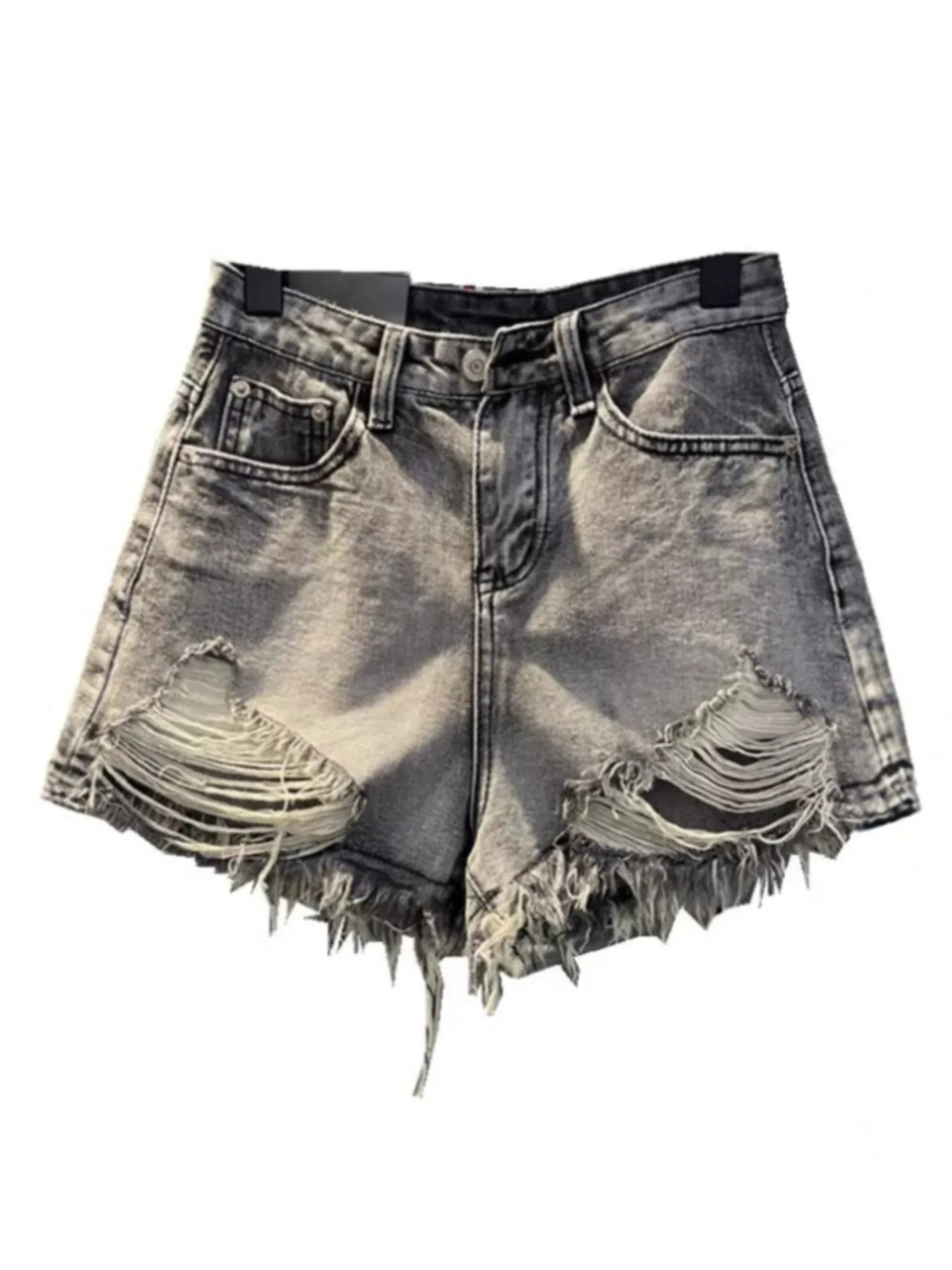 

Women High Waist Ripped Denim Shorts Wide Leg Distressed Black Grey Frayed Hem Summer Grunge Streetwear 2026