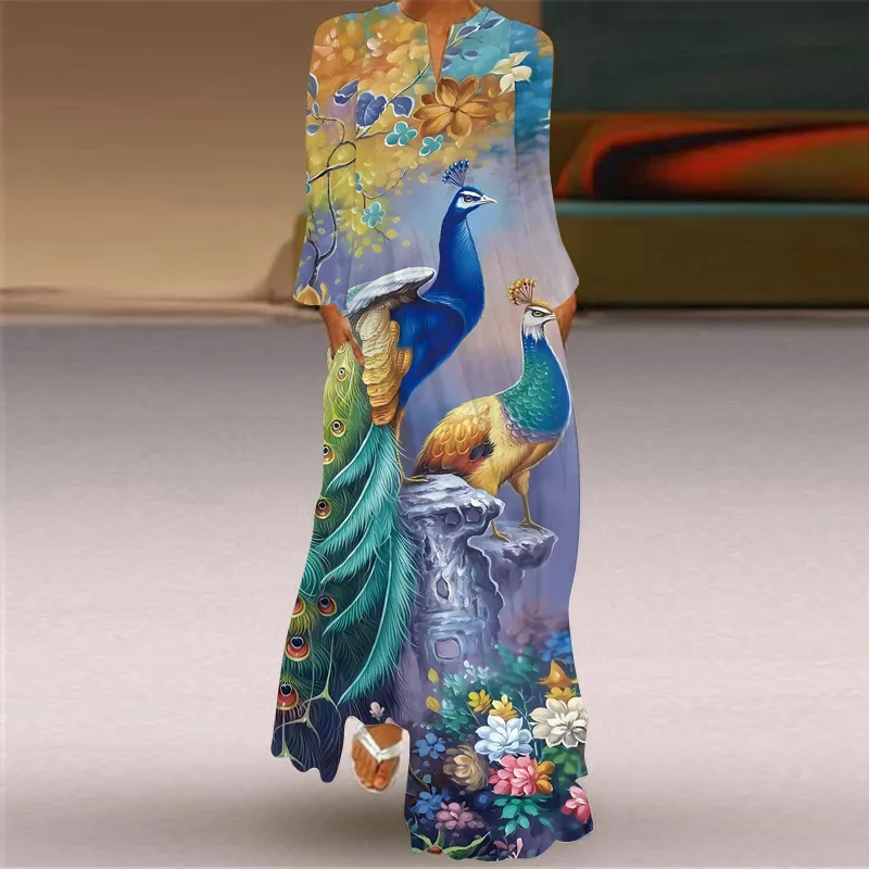 

Spring And Autumn New Women's Artistic Retro Maxi Dress V-neck Long Sleeved Pocket Printed Loose Large Swing Dress 2024 Vestidos