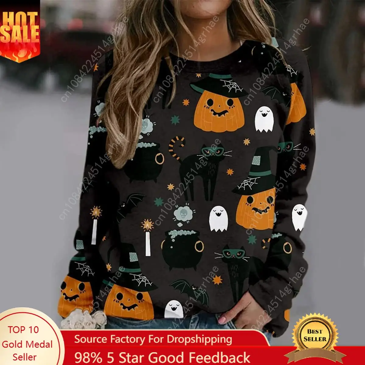 سويت شيرت على شكل يقطين الهالوين بلوفر بياقة دائرية - قمصان علوية كاجوال فضفاضة بأكمام طويلة مطبوعة على شكل حيوان قطة