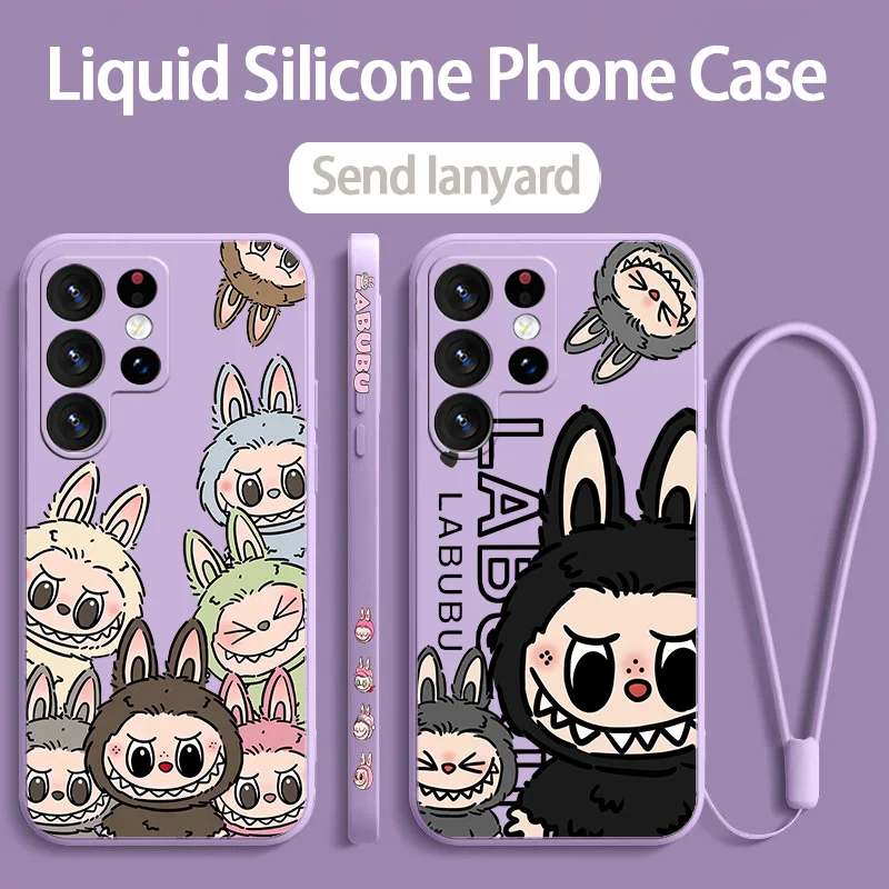 New Kawaii Cute Labubu Phone Case For Samsung S10 S20 S21 S22 S23 S24 Plus Lite Ultra FE Liquid Left Rope Funda Soft Silicone