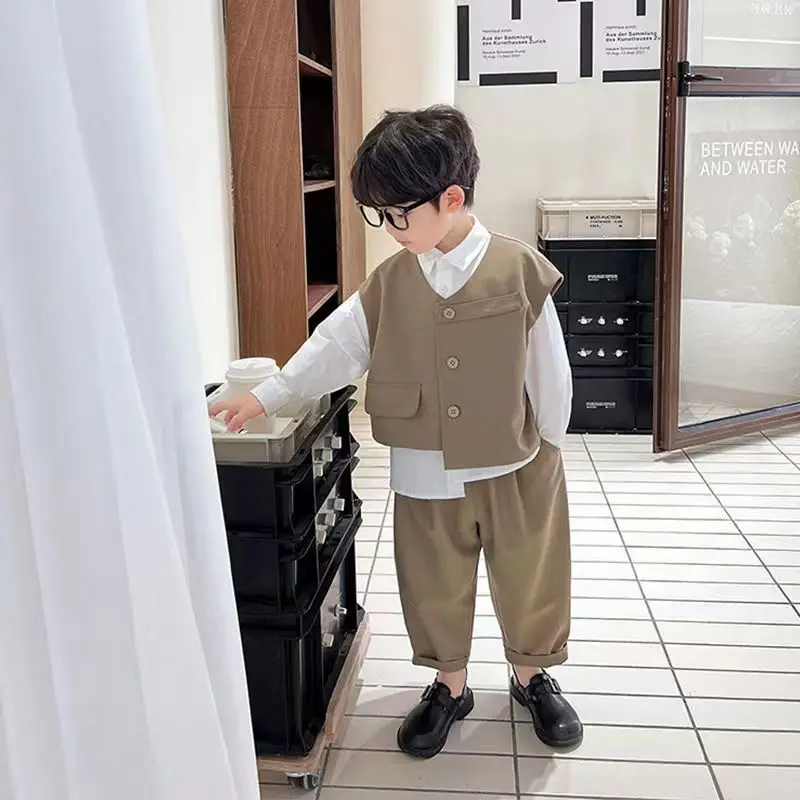 3 PCS set Spring Autumn Boy Clothing set Casual vest+ top+ Pant Kid Children baby toddler boy korea designer clothes 2-10 years