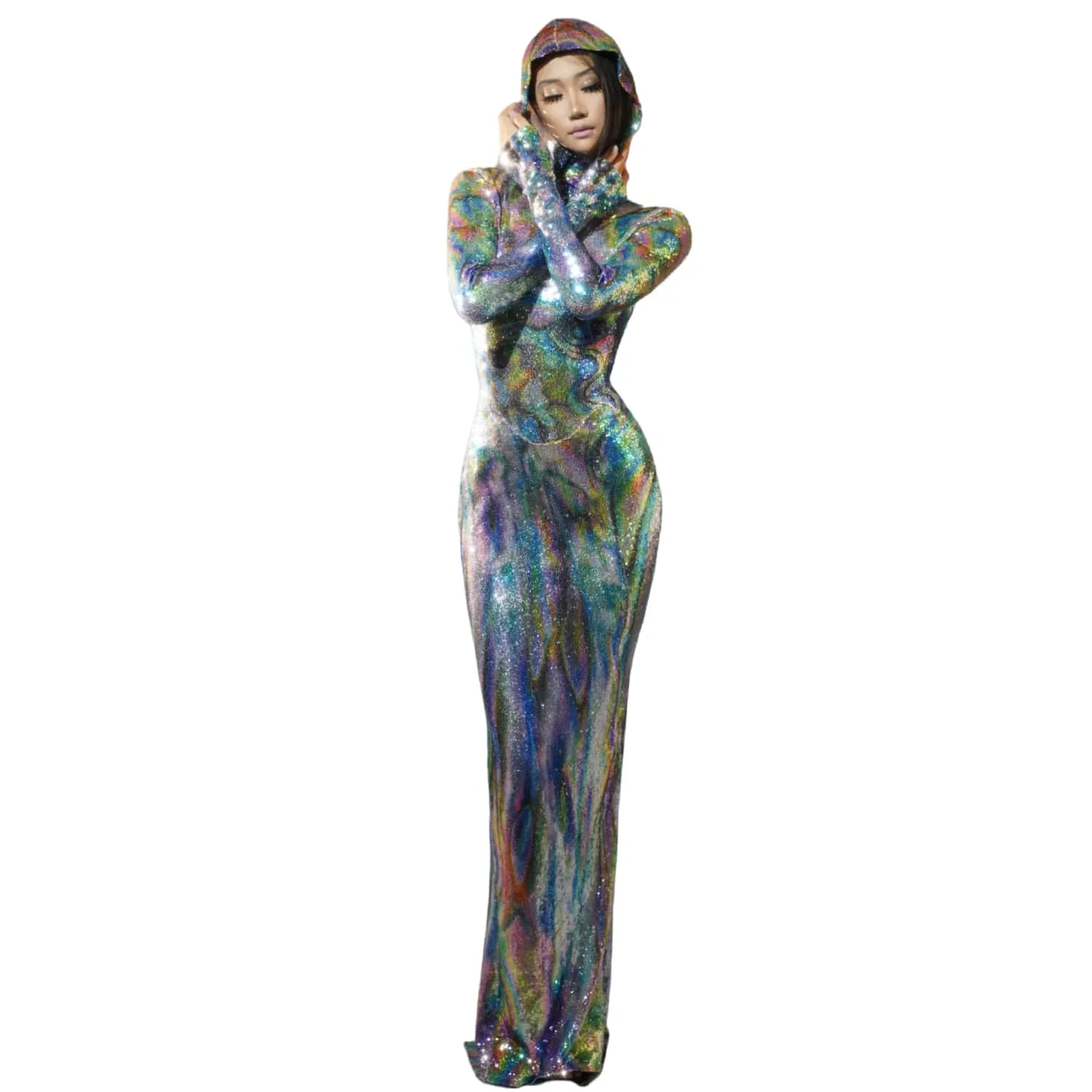 

Sexy Hoodies Women Shiny Sequins Long Dresses Nightclub Party Hoody Long Sleeve Dance Performance Costume Baoyu