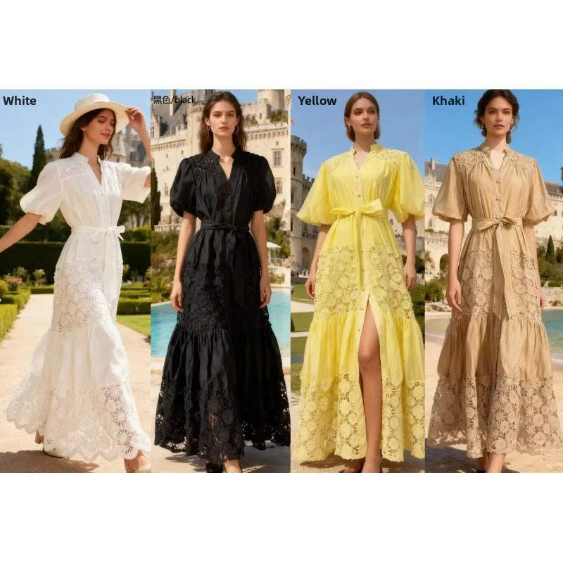 Ele cor pura longo dr com renda oco flor cintura cinching cinto bolha sve texturizado sensação tribunal sle dr