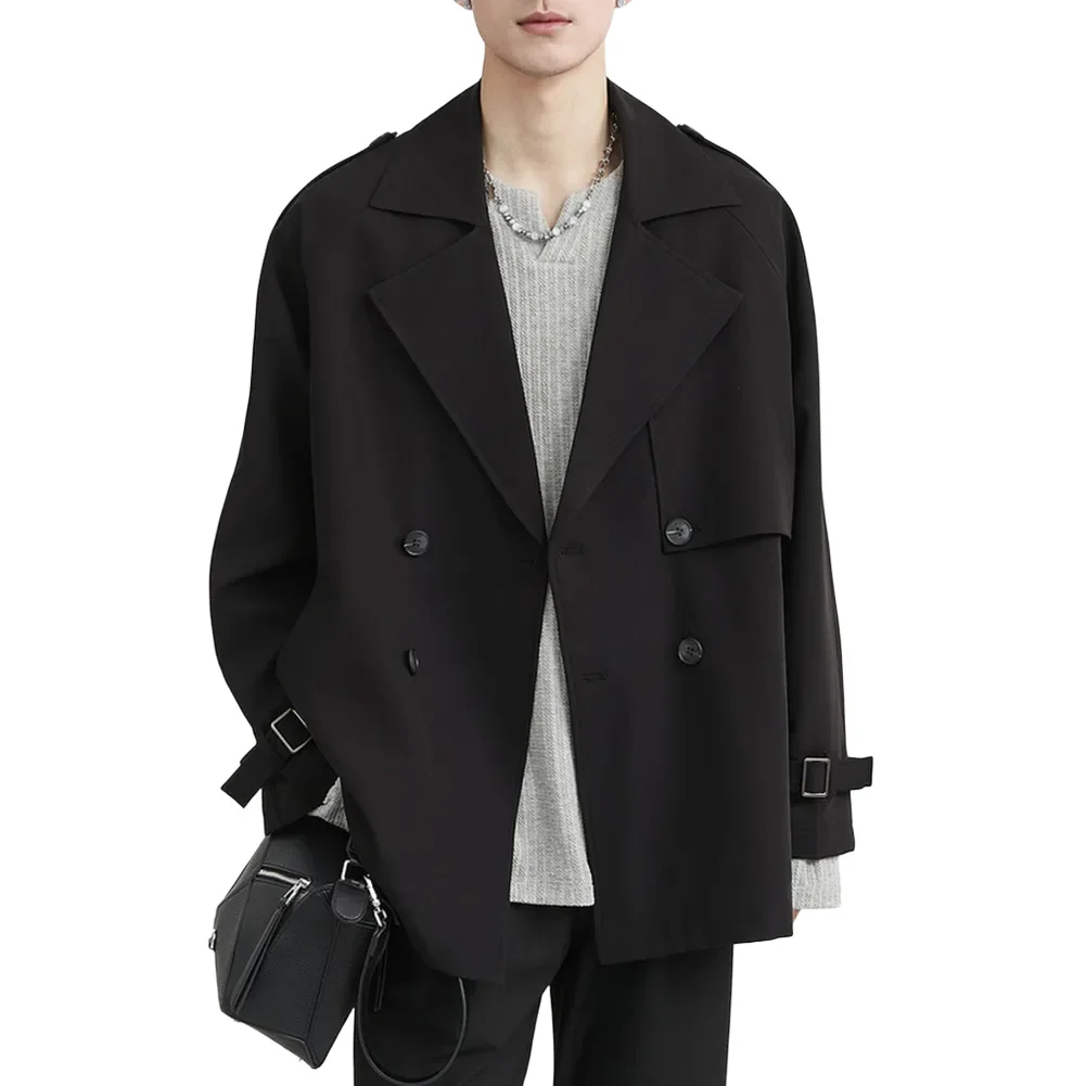 Men\'s Loose Fit Double Breasted Short Windbreaker Coat with Lapel Collar Business Casual Style Suitable for Daily and Party Use