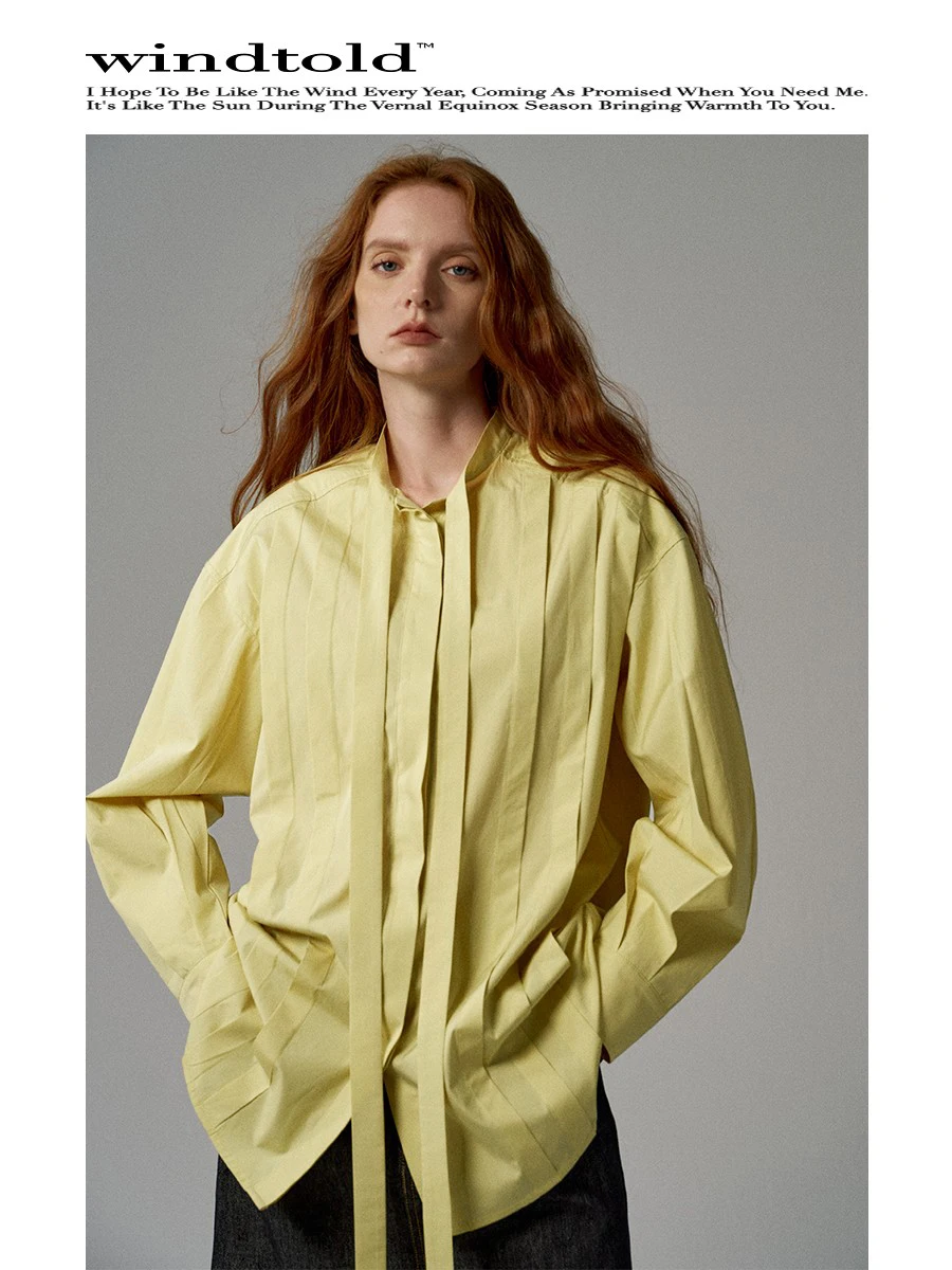 

Faionable lectual Long Sve Cotton irt Windtold French Sle Loose Fit Breathable Commute Workplace Ribbon Detail