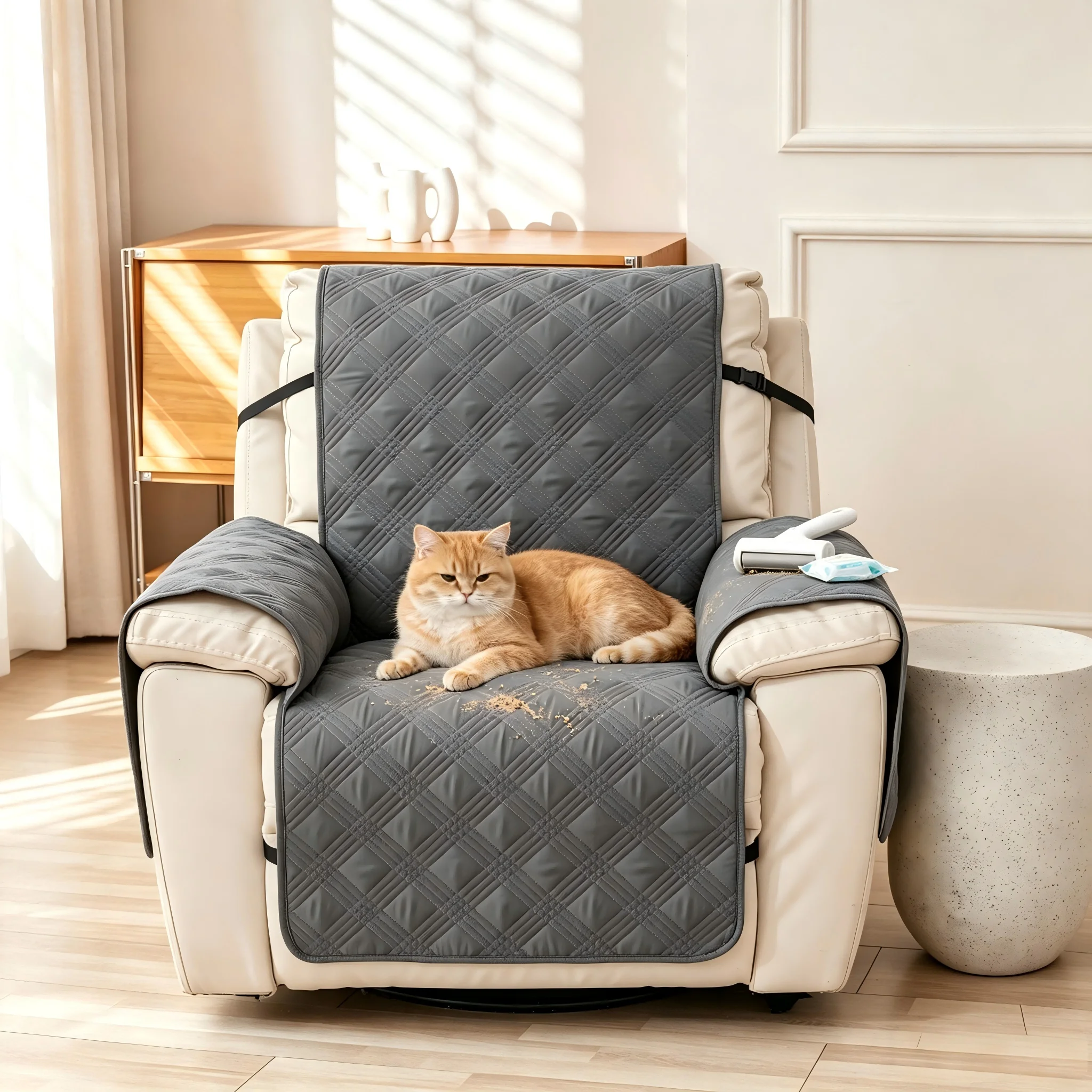 100% waterproof recliner cover, 1 piece with pockets, anti-slip recliner cover, washable recliner cover, suitable for dogs and cats, furniture protection strap, adjustable strap, home decoration