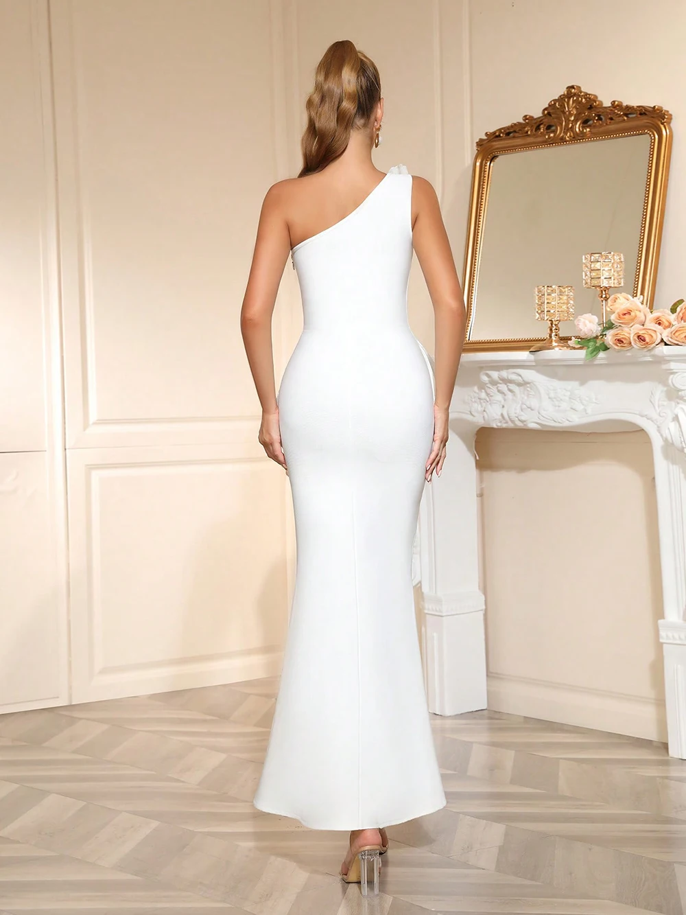 Modphy Abito lungo con fasciatura aderente con volant bianco monospalla sexy 2025 Nuove donne Celebrity Elegante festa di compleanno da sera Club