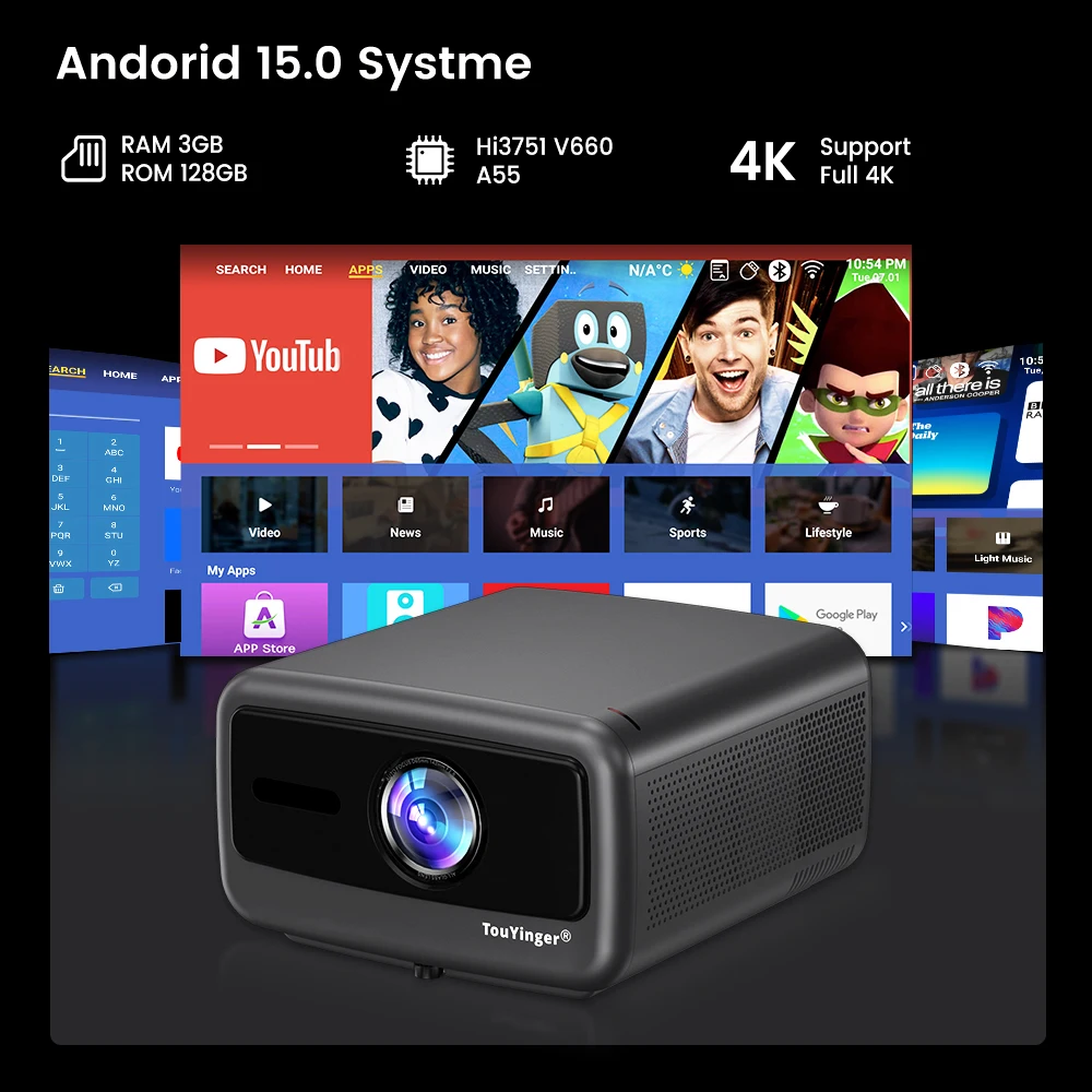 Touyinger Q13W 3800ANSI Decodificatore Full HD 4K Android 15 Supporto MEMC Smart TV Home Theater Proiettore ottico completamente sigillato