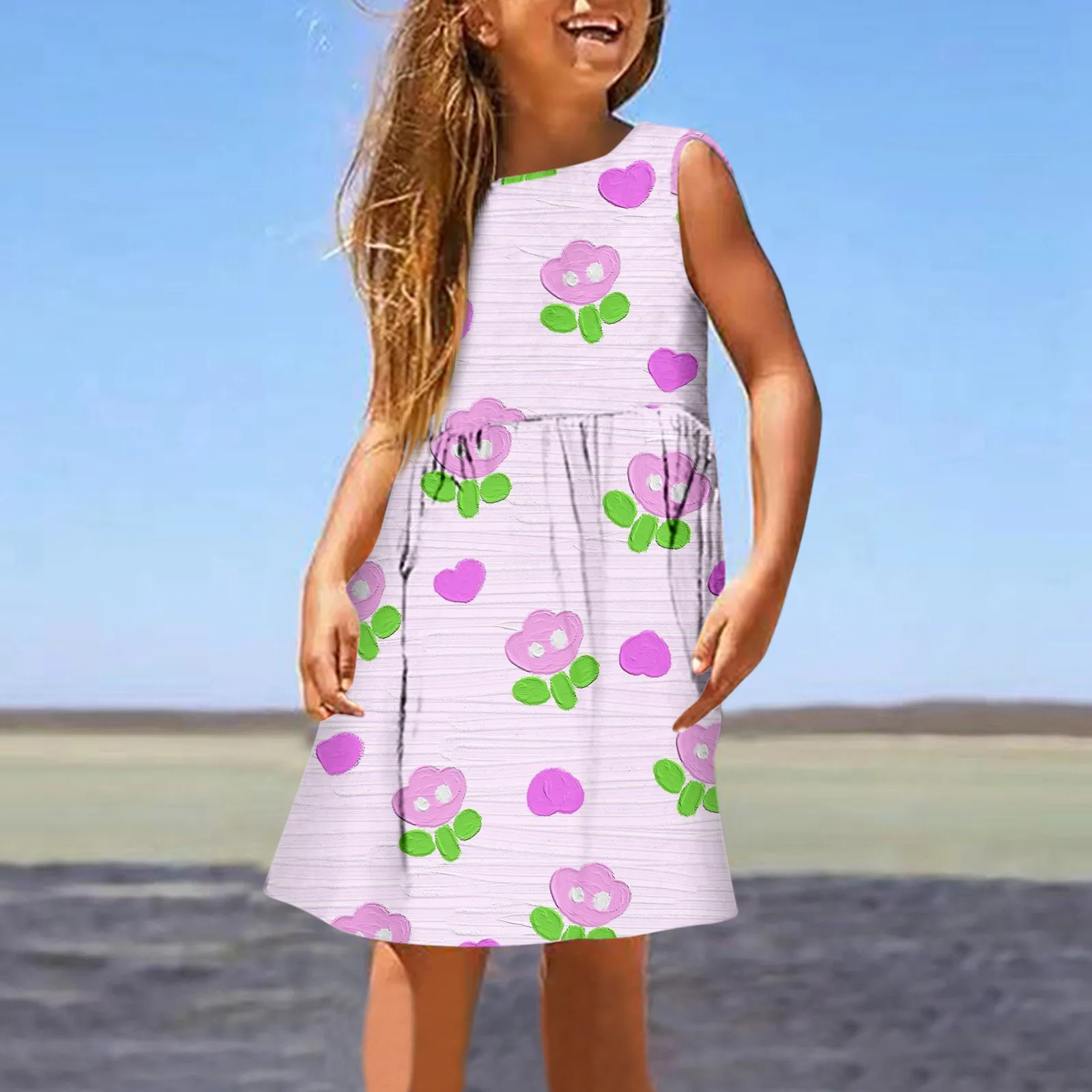 

2024 Kids Printed Flowers Casual Sundress Summer Vestido Girl Vest Dress Sleeveless Printed Princess Dresses Baby Korean Version