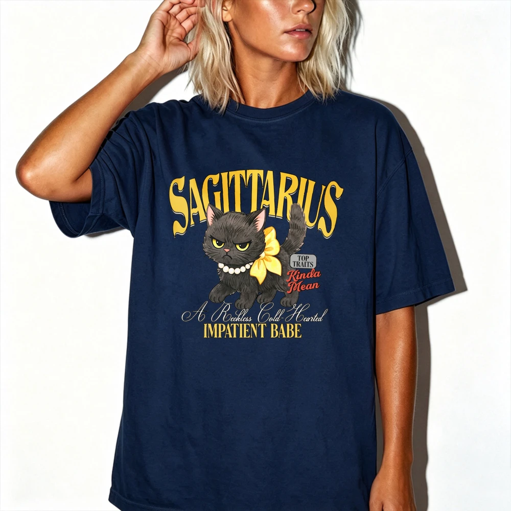 Women Sagittarius Impatient Babe Black Cat with Bow Pearl Necklace Graphic T-Shirt Zodiac Sign Slogan Print Astrology Gift Tops